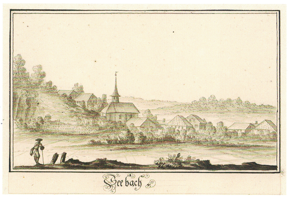 Dorf Seebach mit Niklauskirche. Federzeichnung von Jakob Kuhn um 1780. Quelle: ZB Zürich, Grafische Sammlung